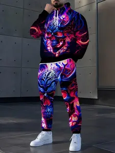 Colorful Skull Full-Body Digital Print Hoodie Set, Casual Long Sleeve Pullover + Drawstring Pants, All Seasons Fitted