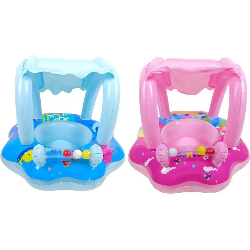 Anti Tip Inflatable Baby Swim Float With Sun Canopy Interactive Toy Bar Toddler Safe Pool Training Ring Summer Beach Vacation Gear, Inflatable Toddler Floaties, Anti-Rollover Structure, Colorful Beads, Cute, Durable, Leak-Proof Material, Funky, Peppy, Eve