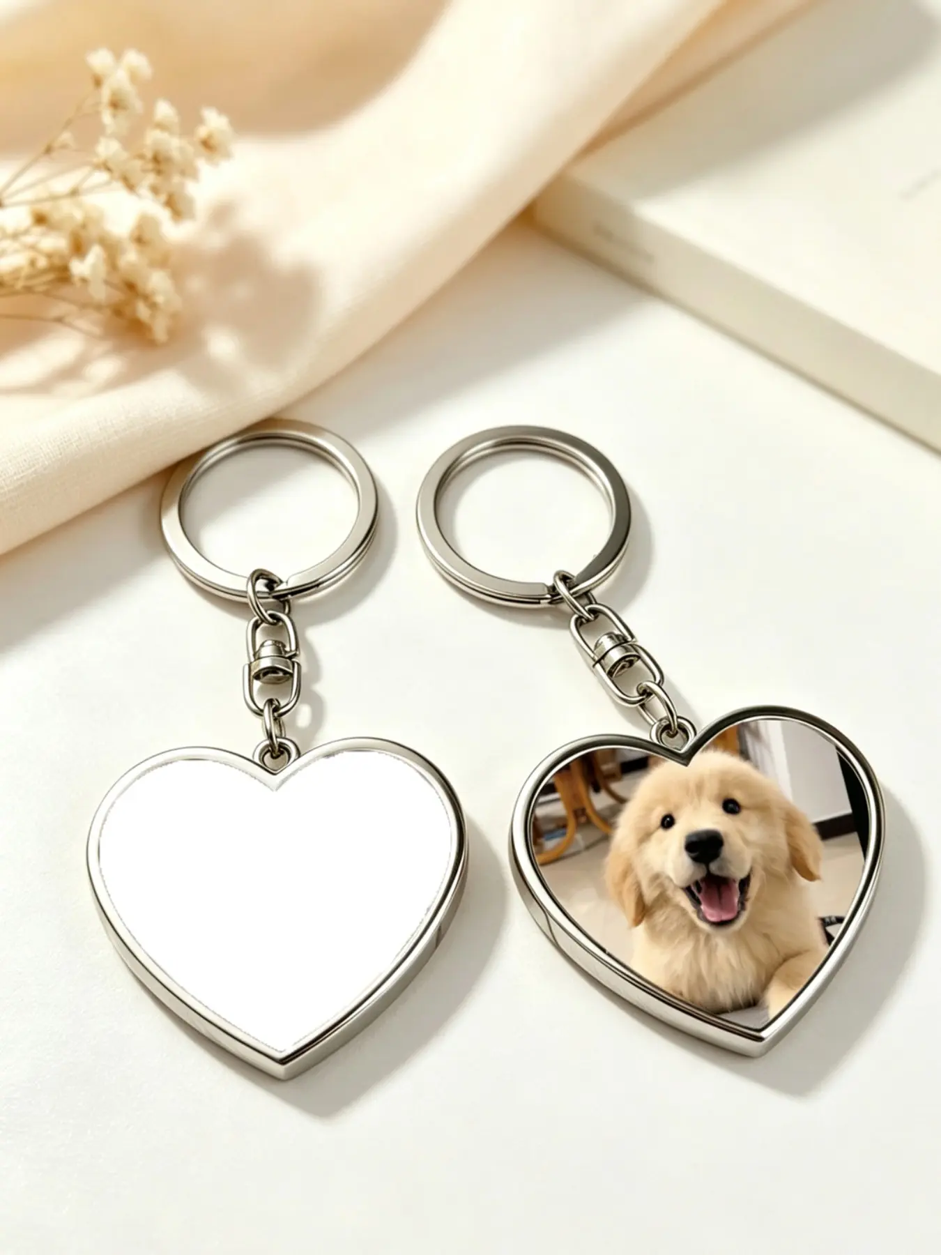 Double-Sided Heart Photo Keychain, Picture Keychain, Replaceable Photo Pendant, Pet Lover Gift, Couple Gift, Family Memorial Gift, Cute Style
