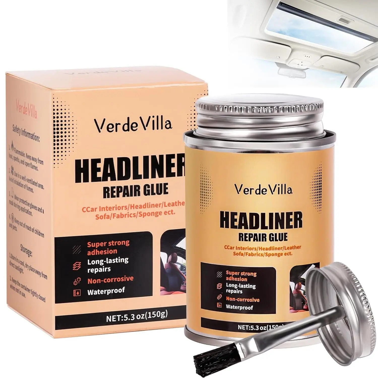 Car Headliner Repair Glue Adhesive Kit with Brush - Leather Repair Kit for Automotive Use, Fabric/Leather Interior Fix on Roof Liner Upholstery
