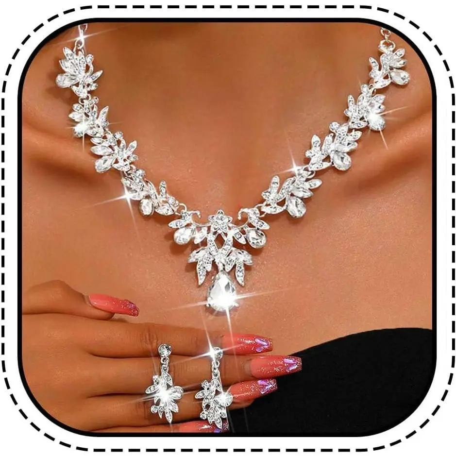 Rhinestone Bridal Wedding  Sets  Necklace Earrings Set Leaf Prom Formal Costume  Set for Women and Brides