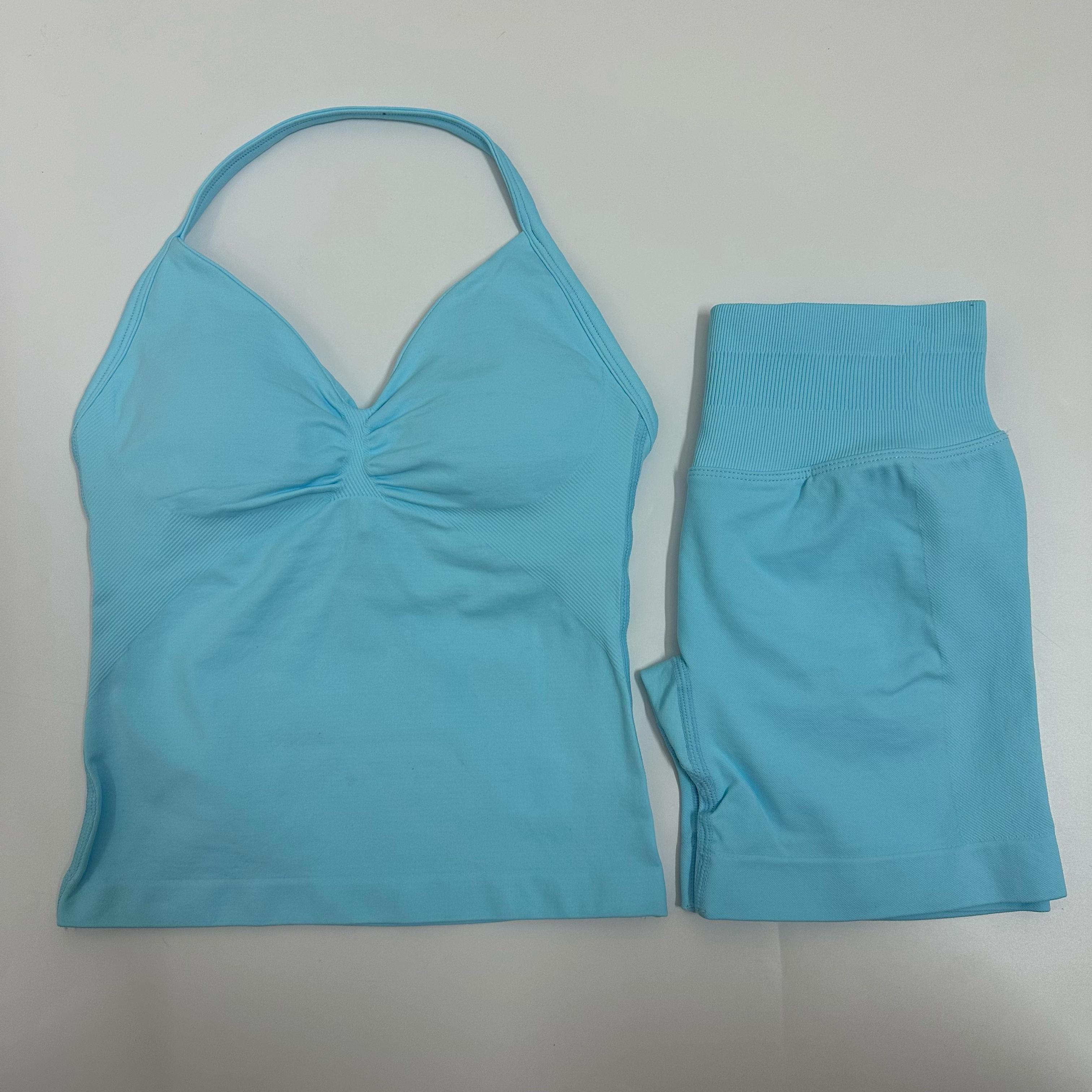 2 Pieces Women Yoga Set Seamless Yoga Longline Strappy Tank Top Scrunch Sports Shorts Gym Clothes Woman Summer Workout Outfit Athleisure Wear