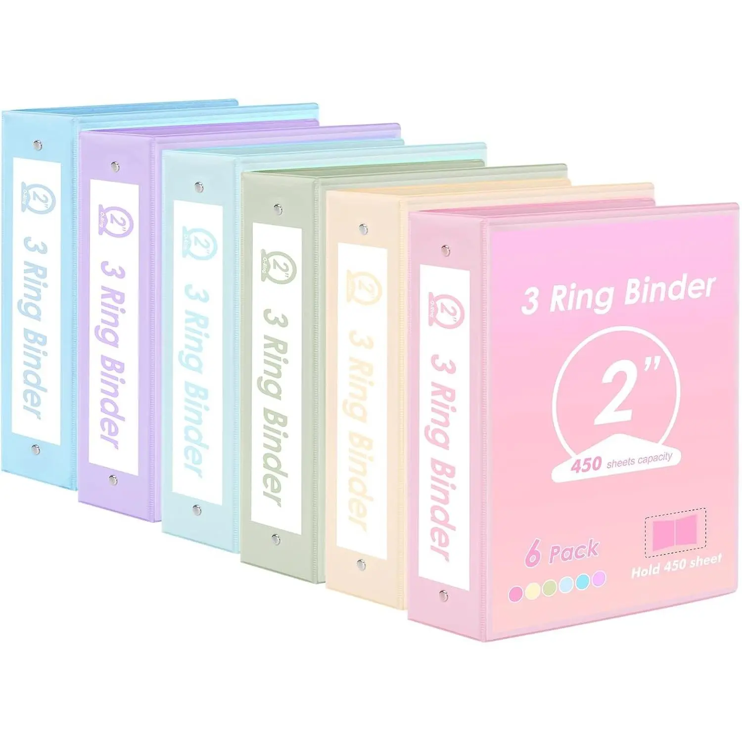2 Inch 3 Ring Binders with 2 Interior Pockets, 6 Pack, Assorted Pastel Colors, Fits 8.5 x 11 Inch Letter Size Paper for School Office Supplies