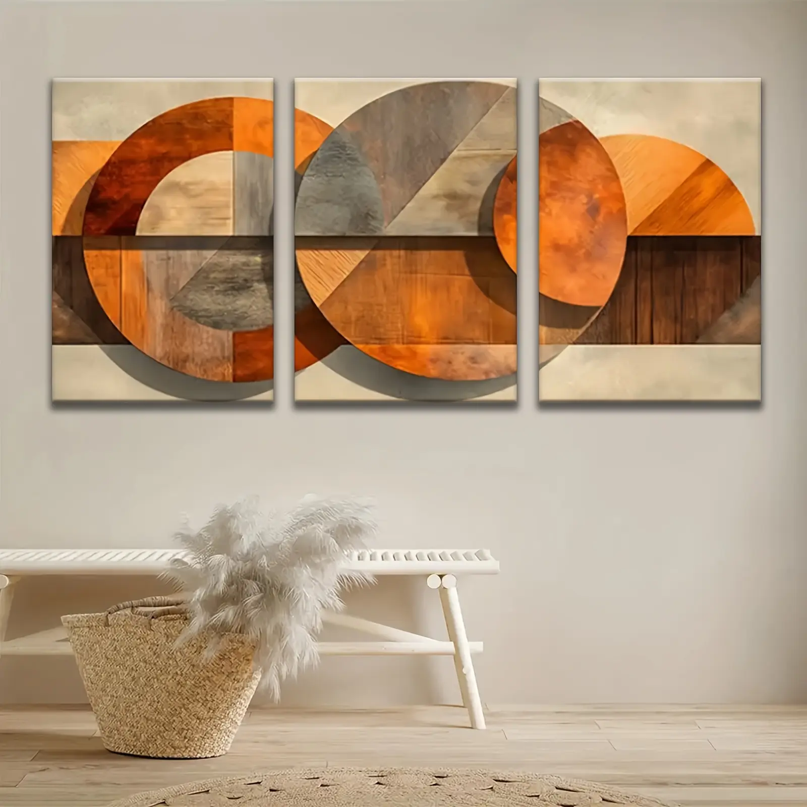2D three-panel abstract geometric wood grain canvas wall art, framed gallery wrap canvas painting, modern bohemian earth tone decorative painting, suitable for living room, bedroom, home officeAesthetic Room Decor