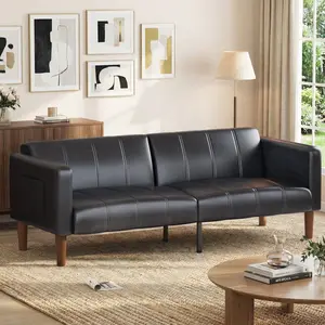 Modern Mid-Century Convertible Futon Sofa Bed - 75" PU Leather Loveseat Couch - Adjustable Backrest, Side Pockets,  Cloud Sectional Couch,Space-Saving Sleeper for Living Room, Bedroom, Small Apartment