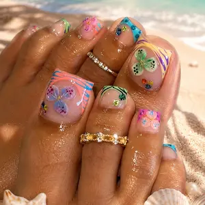24pcs Summer Press-On Toe Nails with Tropical Colorful Flowers, Y2K Floral Fake Toenails with Rhinestones, Shiny Square Toe Nail Stickers, Great for Beach Vacations, Parties, Travel, Swimming, and Cocktail Nights