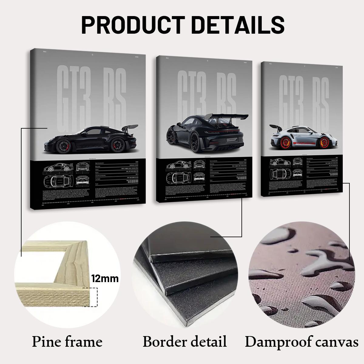 3 Counts Wooden Framed Canvas, Porsche GT3 RS Series Poster, Exquisite Fashion Poster, Modern Art, Abstract Design, Modern Minimalist Design Wall Art for Living Room, Waterproof Artwork, Ideal Gift for Family