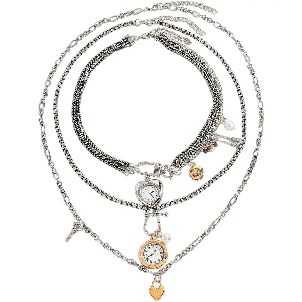 3pcs Multi-Strand Layered Clock Necklaces for Women, Chunky Braided Paperclip Stacked Chain Necklace Statement Jewelry Gift - 2 Colors
