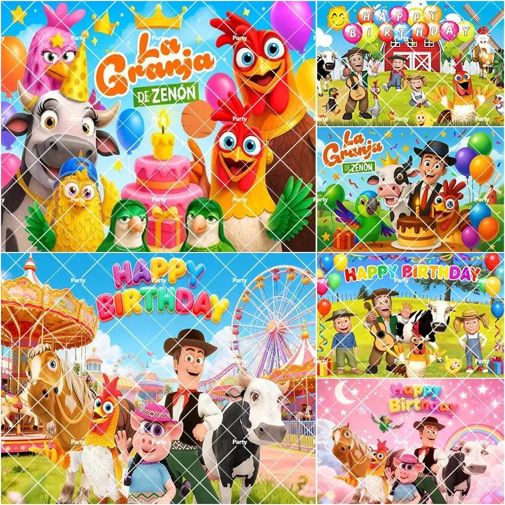 Cartoon La Granja De Zenón Backdrop Kids 1st Birthday Party Decor Green Grass Farm Baby Shower Banner Poster Photo Studio
