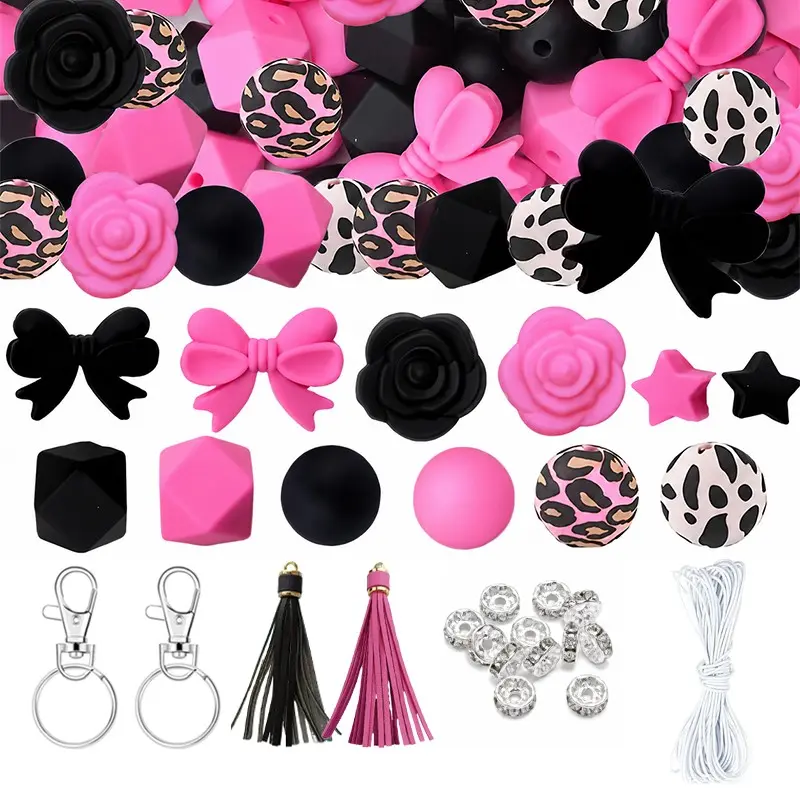 55Pcs Silicone Beads DIY Decor Kit, Pink Black Star, Rose, Bow, Round and Polygonal Beads with Spacer Beads, Tassels, Key Rings and Cord for Bag Decor, Beadable Pens, Keychains and Handmade Crafts, Beading Supplies