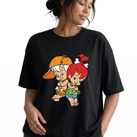 Women's 100% Cotton 180g Crewneck Short Sleeve Aesthetic Graphic Tee - Cute Flintstones Pebbles,Bamm-Bamm Cartoon Print,Medium Stretch,Dry Clean Compatible,Casual Elegant Women's Clothing,Club Top,All Seasons Versatility