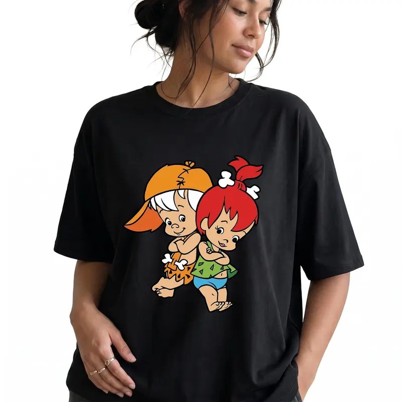 Women's 100% Cotton 180g Crewneck Short Sleeve Aesthetic Graphic Tee - Cute Flintstones Pebbles,Bamm-Bamm Cartoon Print,Medium Stretch,Dry Clean Compatible,Casual Elegant Women's Clothing,Club Top,All Seasons Versatility