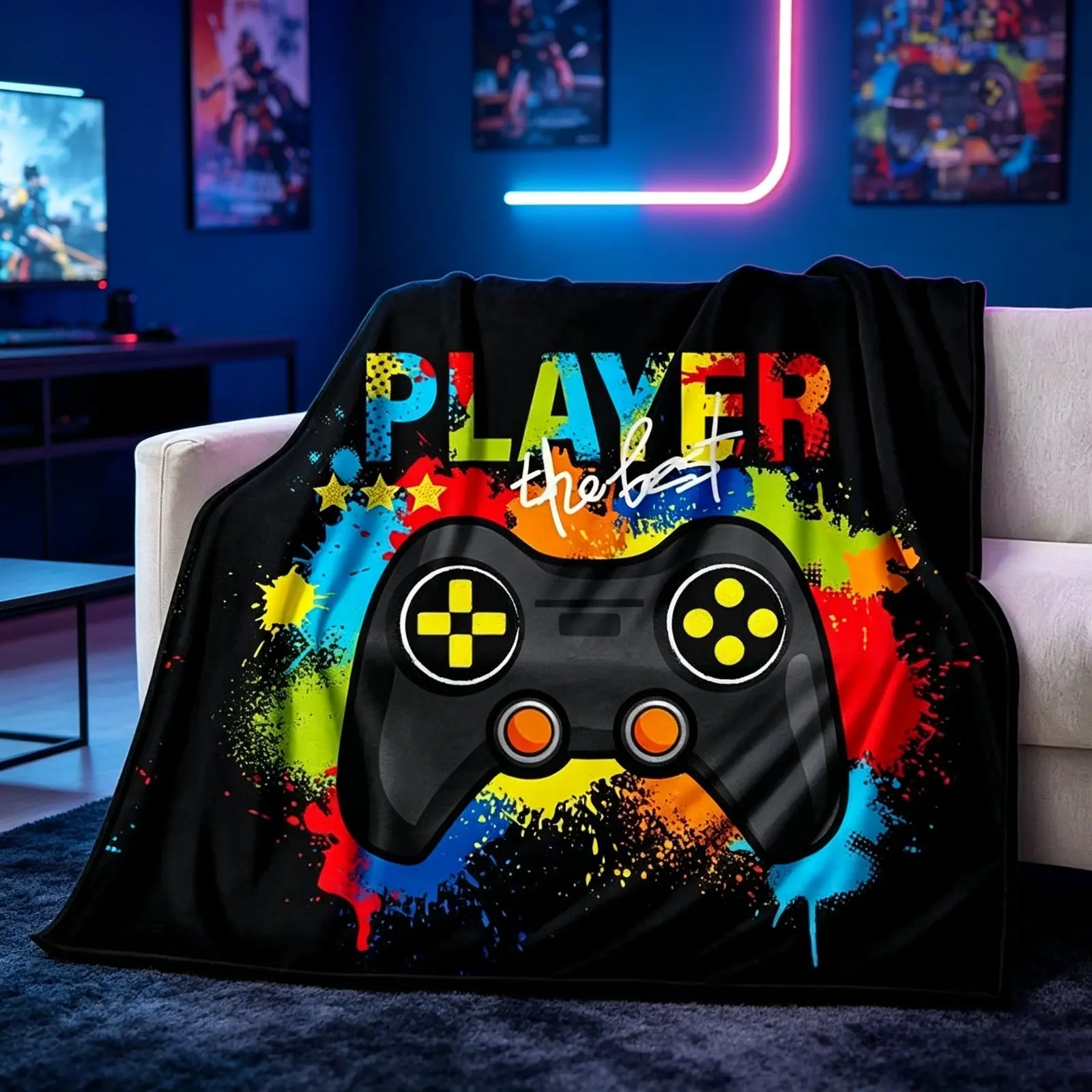 Gaming Controller Pattern Flannel Blanket, Gamer Throw Blanket with Video Game Design, Soft Cozy AC Blanket for Kids & Adults, Lightweight Warm Nap Blanket for Sofa Bed Office Travel Camping, Gamer Gift