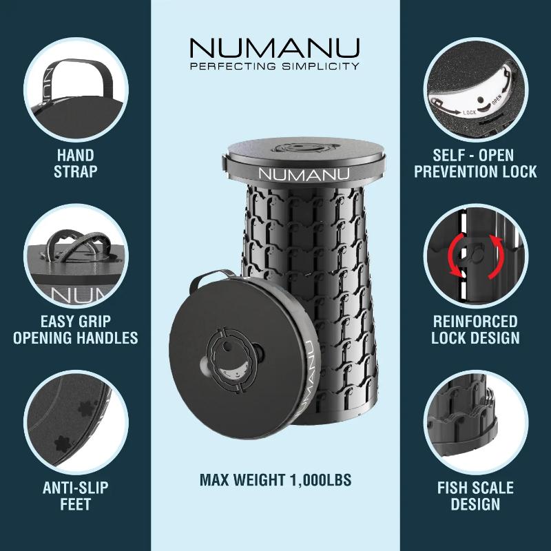 NUMANU XXL 19.7" Wider & Taller Collapsible Stool, 1000lbs Max Weight, Adjustable Height, 2026 Upgraded Portable Retractable Folding Seat, Heavy Duty Compact Seat or Foldable Travel Foot Rest, Outdoor Camping Chair, Foldable Seat.