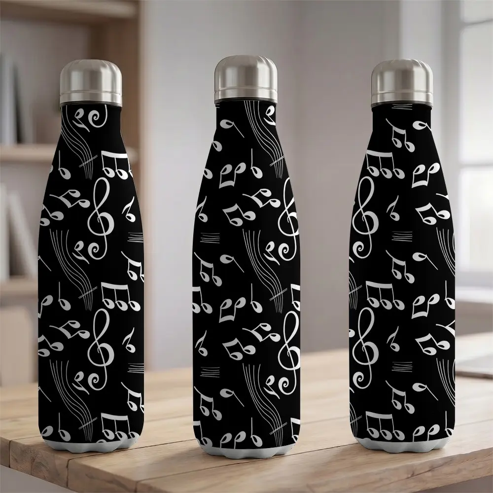1pc 17oz Music Notes Print Stainless Steel Vacuum Insulated Water Bottle 500ml Portable Sports Flask For Outdoor Hiking Yoga Fitness Car Cup Holder Friendly Travel Coffee Mug Black Musical Pattern