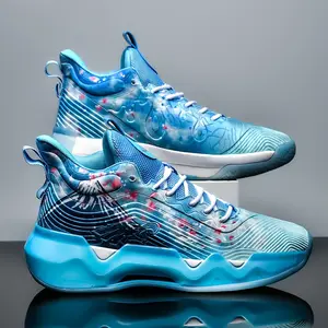 GGOR Blue-tone Contrast Basketball Shoes, Practical Breathable Cushioned Combat Boots, Splash-ink Style Personality Sports Sneakers