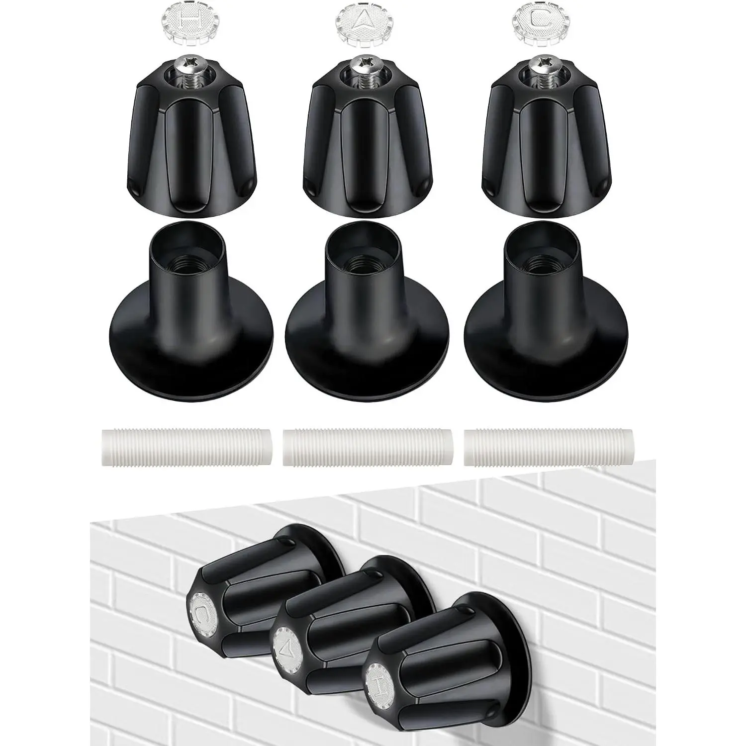 Black 3-Handle Tub Faucet Handle Replacement, Universal Shower Knob with Hot/Cold/Diverter Flange Base, Bathtub Knob Compatible with Price Pfister Verve, Fits 5-1/2"H
