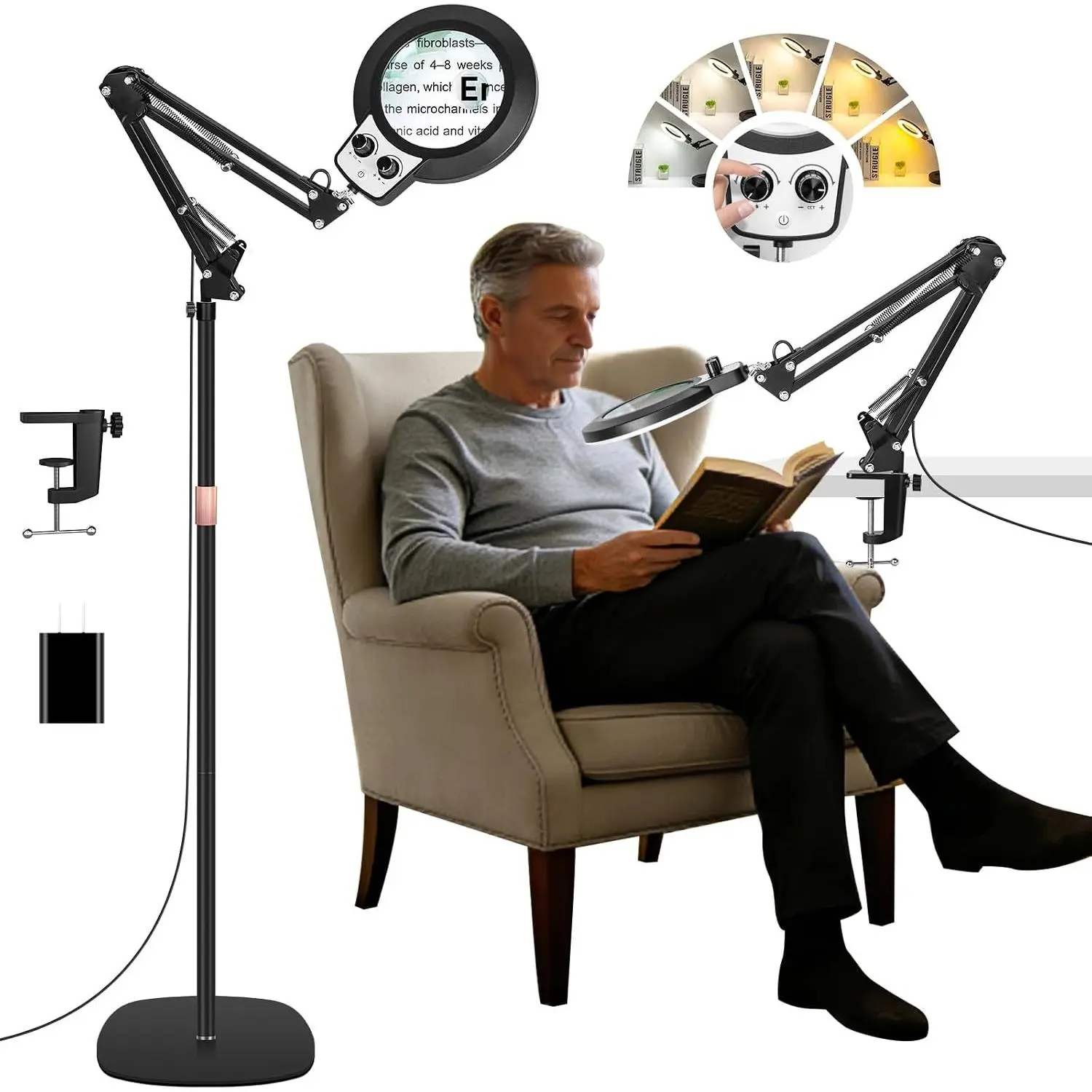 30X 12X Large Floor Magnifying Glass with Light and Stand, Floor Magnifying Lamp Adjustable Height ,Infinite Color Dimmable, 4-in-1 Lighted Magnifier lamp for Close Work,Reading,Painting, Hobby（Black）
