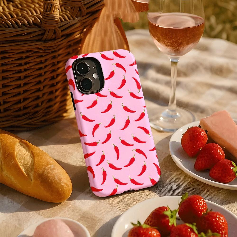 Phone Case - Red Pepper Stylish Style, Pink Pattern Two-In-One Film Case-Tough, Dual Layered Case for Durable, Drop Proof, for Iphone 17, 16, 15, 14, 13, 12, 11, 8, 7, X, XS, XR, Plus, Air, Pro, Max, Mini, SE2, SE3