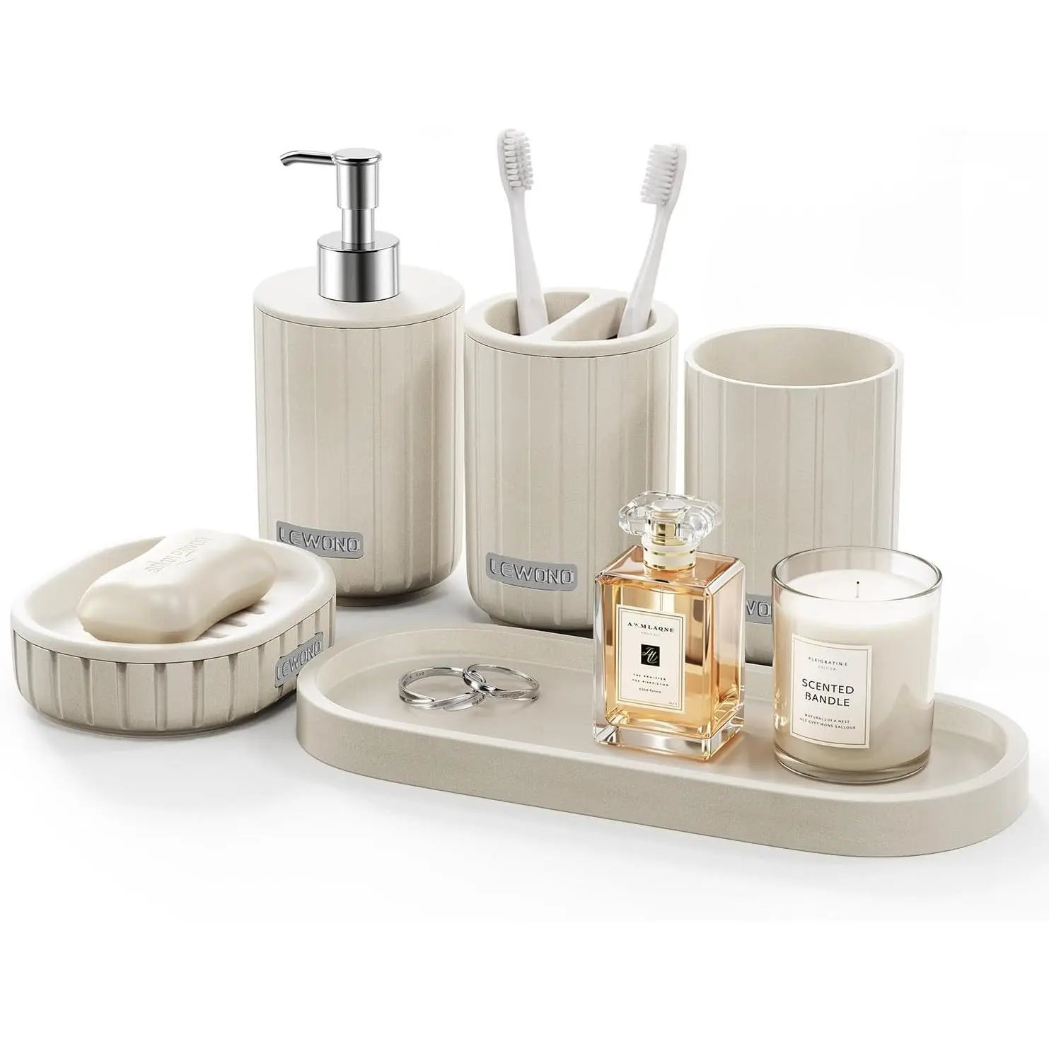 Bathroom Accessories Set 5 Piece, Cream Bathroom Set with Soap Dispenser, Soap Dish, Bathroom Vanity Tray, Toothbrush Holder and Toothbrush Cup, Modern Bathroom Accessory Set for Countertop