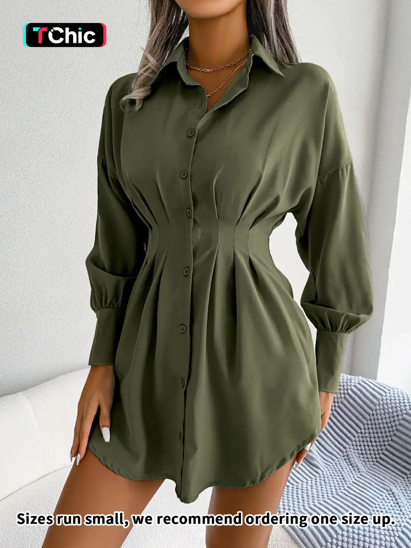 Women's Solid Curved Hem Ruched Button Front Shirt Dress, Casual Drop Shoulder Long Sleeve Short Dress for Spring & Fall, Women's Clothes, Womenswear