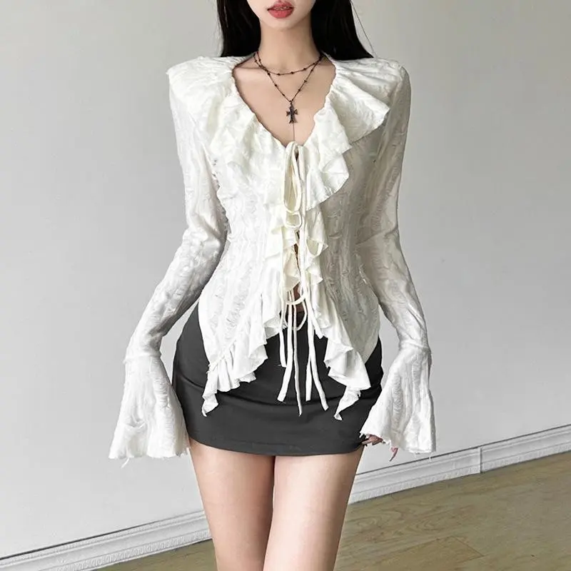 Lamuusaa Fairycore Top White Clothes Women Gothic Ruffled V Neck Flared Long Sleeve Ripped Blouse Shirt y2k Aesthetic Clothing Womenswear Tassel Gamis Polyester