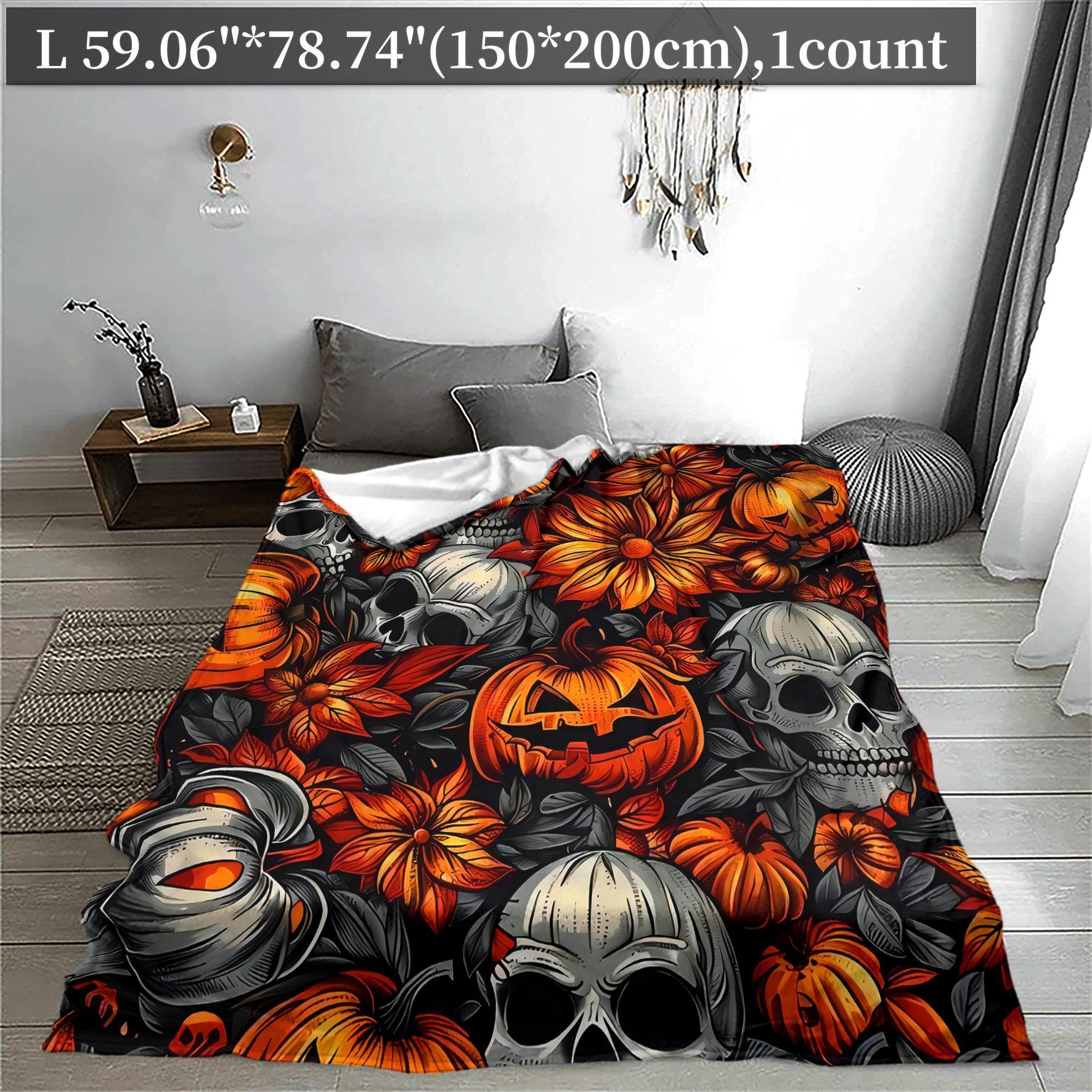 Skull & Pumpkin Pattern Blanket, 1 Count Soft Warm Nap Throw Blanket, Air-conditioned Room Blanket for Home Office Travel Camping Dormitory, Christmas Gifts, Christmas Decorations, Floral Print Blanket