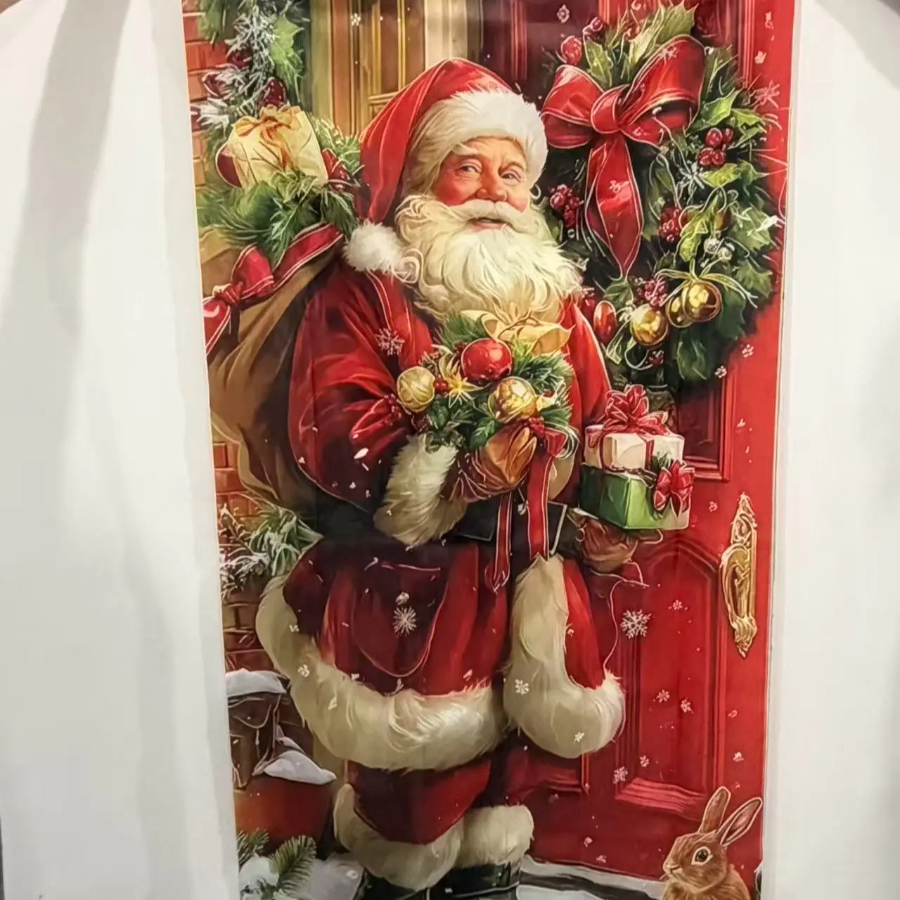 1pc festive Christmas background cloth door panel decoration, polyester material, Santa Claus opens the door with gifts design, suitable for holiday decoration - Christmas decoration, party decoration, courtyard, living room garden decoration, Ornaments