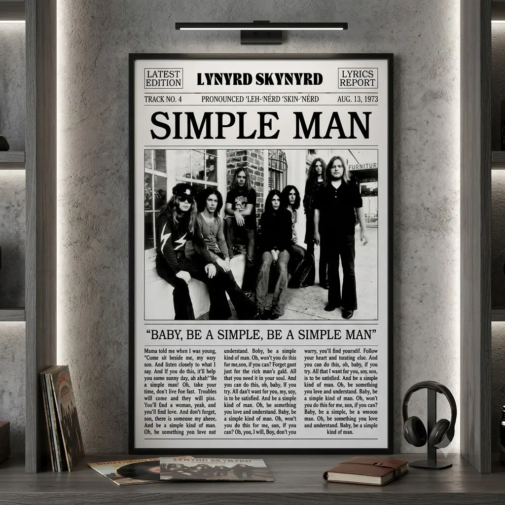 Lynyrd Skynyrd Retro Newspaper Print, Simple Man Poster, Simple Man Lyric Print, Lynyrd Skynyrd Poster music themed poster canvas wall art print room decor gift music lover gift unframed print lyric wall art letter print vintage