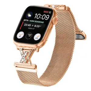 Milanese Loop Band with X-Shaped Crystal Accent for Apple Watch, Magnetic Mesh Strap, Stylish Accessory for Smartwatches
