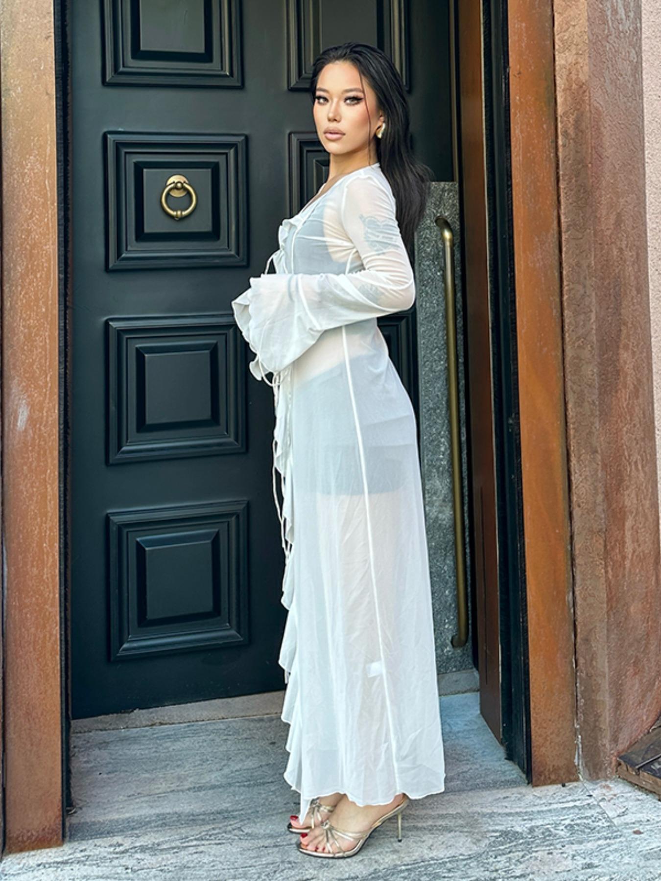 Women's Solid Sheer Ruffle Trim Tie Front Long Lightweight Mesh Cardigan Coat, Long Sleeve Open Front Outerwear for Spring & Fall, Ladies Clothes for Party Holiday