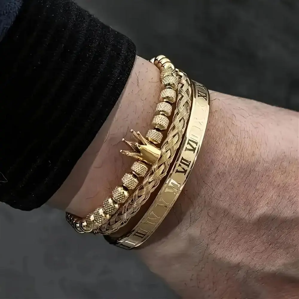 Men's 3-Pcs Stainless Steel Jewelry Set, Tarnish-Free Roman Numerals Bangle & Adjustable Braided Rope Chain Bracelets, Stackable Hip Hop Accessories for Bracelet Stacking, Casual Daily Everyday Wear