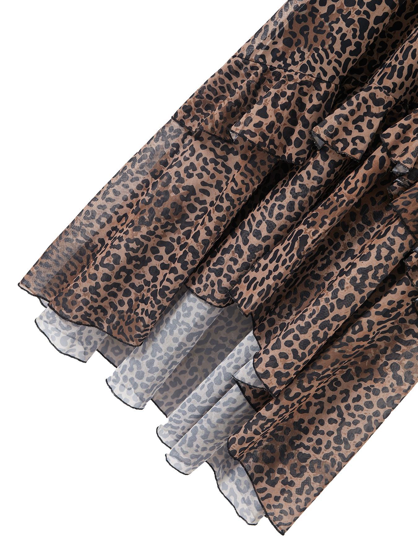 Women's Leopard Print Ruffle Trim Fitted Milkmaid Dress, Elegant Fashion Casual Square Neck Long Sleeve Flared Dress for Ladies, Suitable for Daily Outdoor Wear and All Seasons