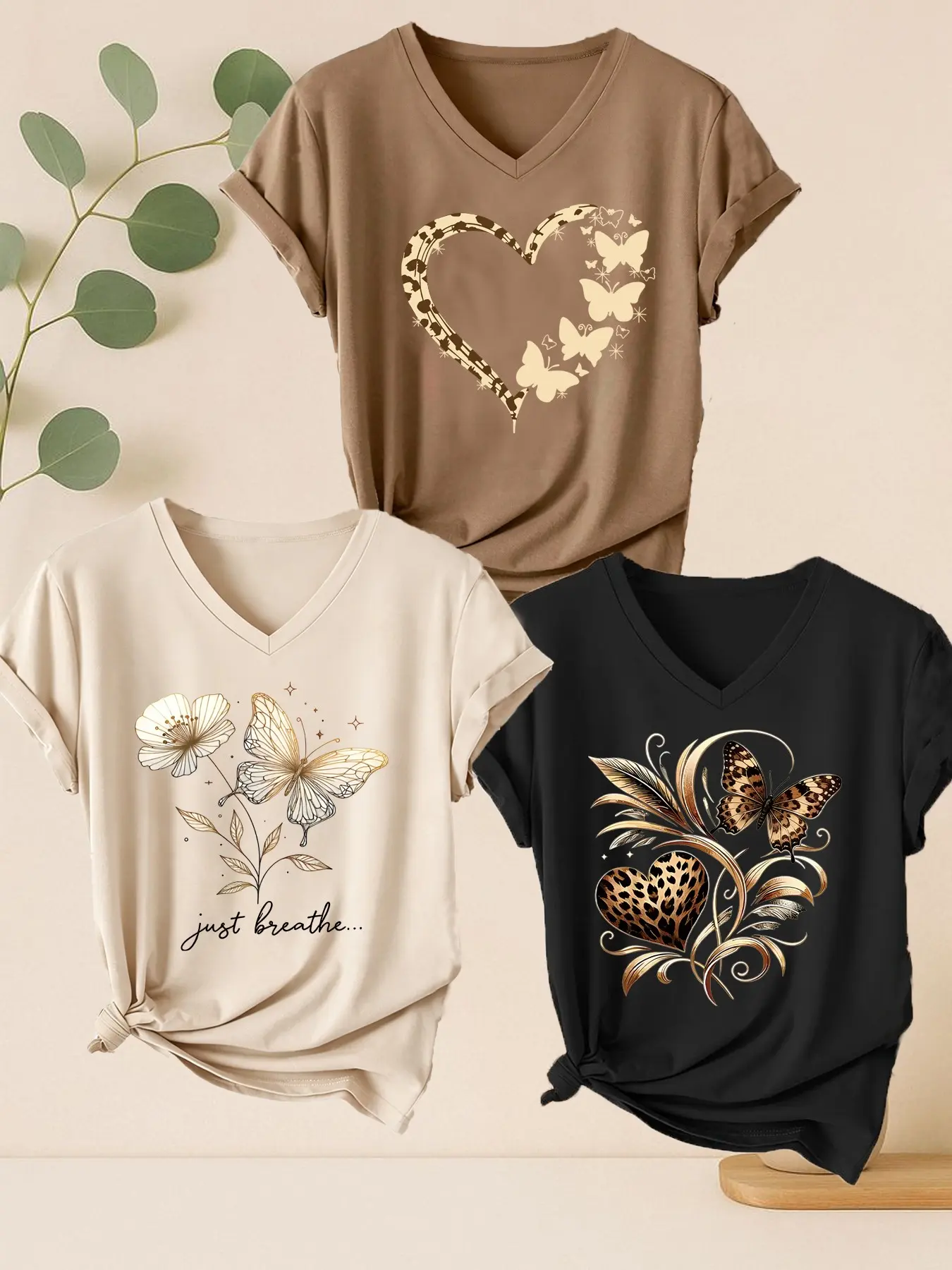 3-Pack Women's V-Neck Short Sleeve T-Shirts, Leopard Heart Butterfly Print, Casual Sporty Fashion, All Season, Soft Comfortable Fabric
