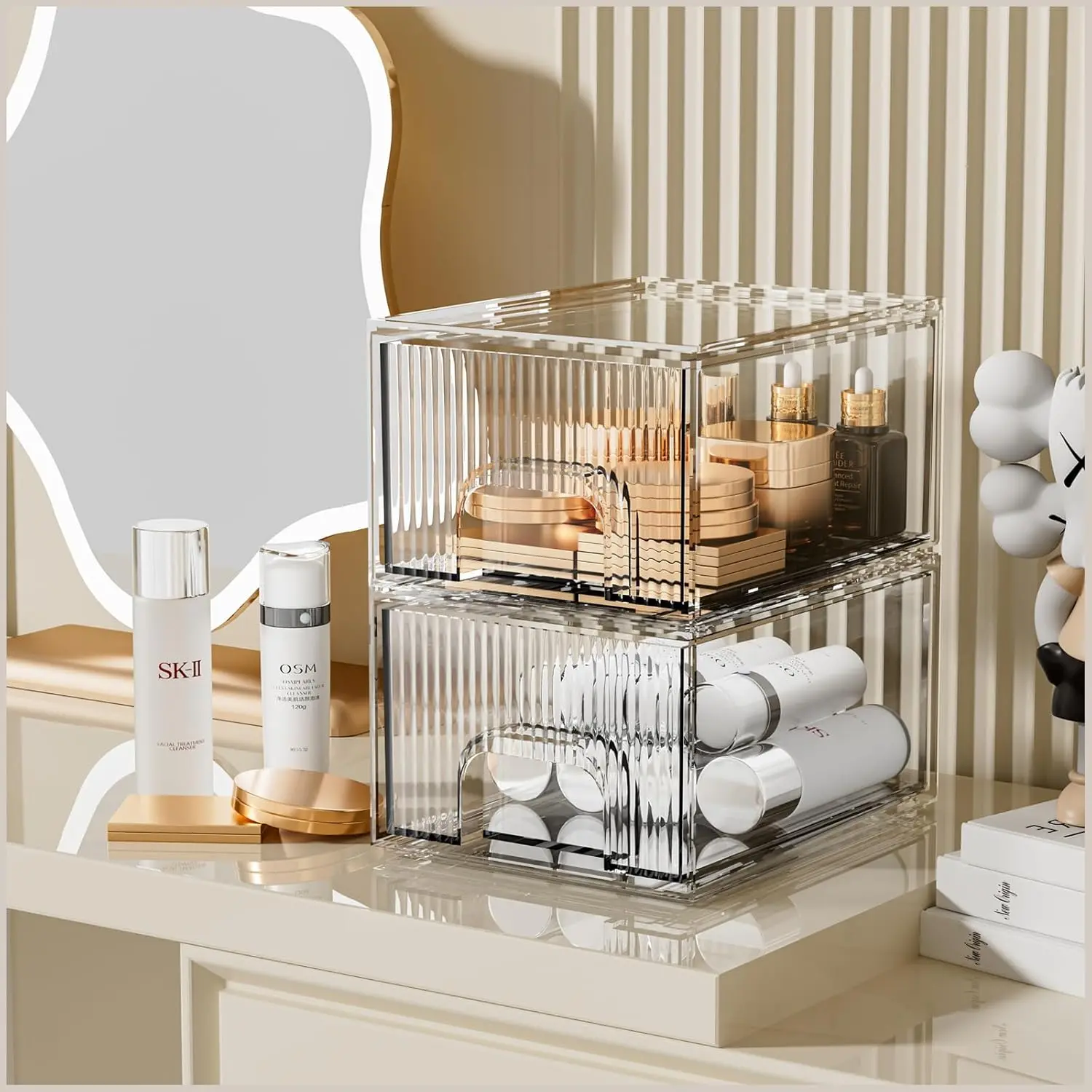 2 Pack Clear Stackable Cosmetic Organizer, Acrylic Drawer, Plastic Organizer for Dresser, Vanity, Kitchen Cabinet, Pantry, Home Organization and Storage