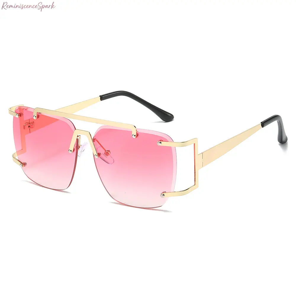 Unisex Oversized Rimless Irregular Polygonal Sunglasses, Double Bridge UV400 Statement Shades, Lightweight Trendy Streetwear Eyewear. Stylish Back to School Accessory for Street Shoots, Outdoor Trips & Daily Fashion Matching