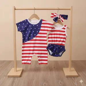 Independence Day Baby Girls Clothes, Short Sleeve Bodysuit/Sleeveless Romper+Star Printed Headband