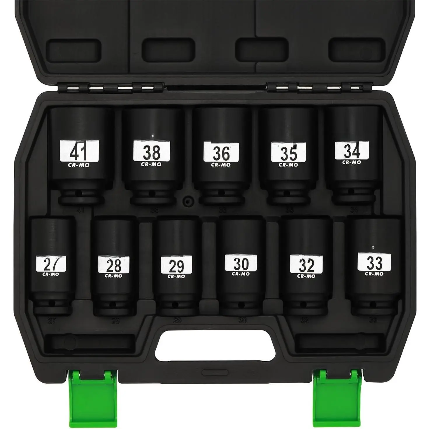 1/2" Drive Deep 6-Point  Socket Set, 11- Deep Metric Spindle Axle Nut  Socket Set, Cr-Mo, 27mm - 41mm