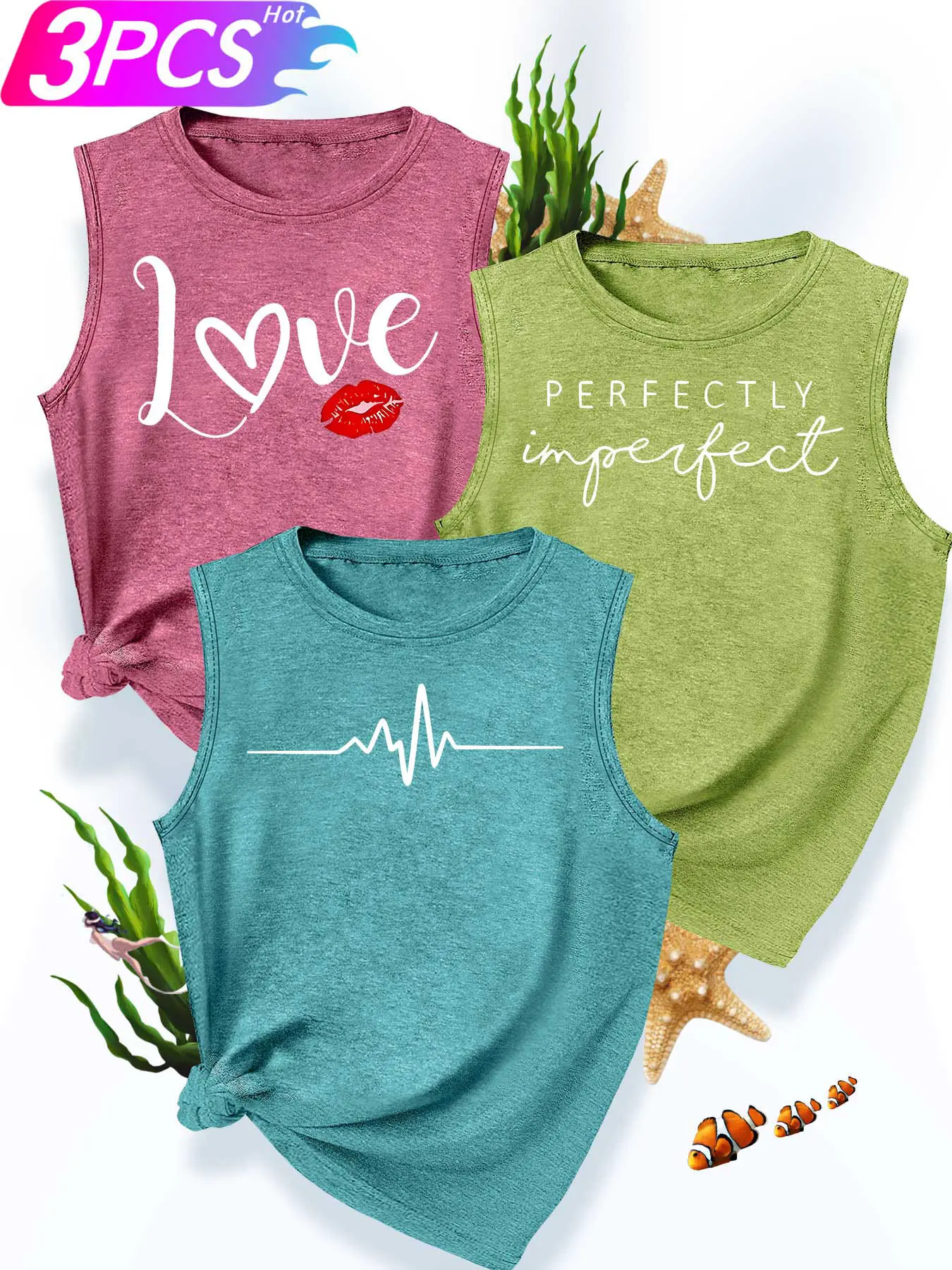 3Pcs Women Crew Neck Sleeveless Tank Top, Simple ECG Line Love Lip Perfectly Imperfect Romantic Text Print, Multi-color Washable Spring Summer Top, Soft Skin-friendly Fabric Daily Versatile Fashion Design