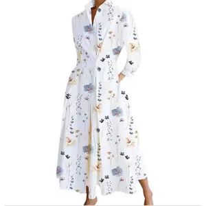 Women Plus Size Polo Shirt Maxi Dress 3/4 Sleeve Button Down Casual Work Office Long Dresses Polka Dot Abstract Print Loose Fit Flowy Swing A-Line Dress Modest Oversized Teacher Outfits Church Dress with Pockets