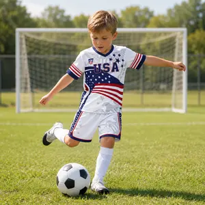 Kids USA Soccer Jersey Set Youth Football Uniform Boys Girls Training Kit USA Flag Star Stripes Sportswear Breathable Quick Dry Soccer Outfit Children Athletic Clothing School Sports Practice Football Kit Gift for Kids Outdoor Soccer Apparel Soccer Shirt