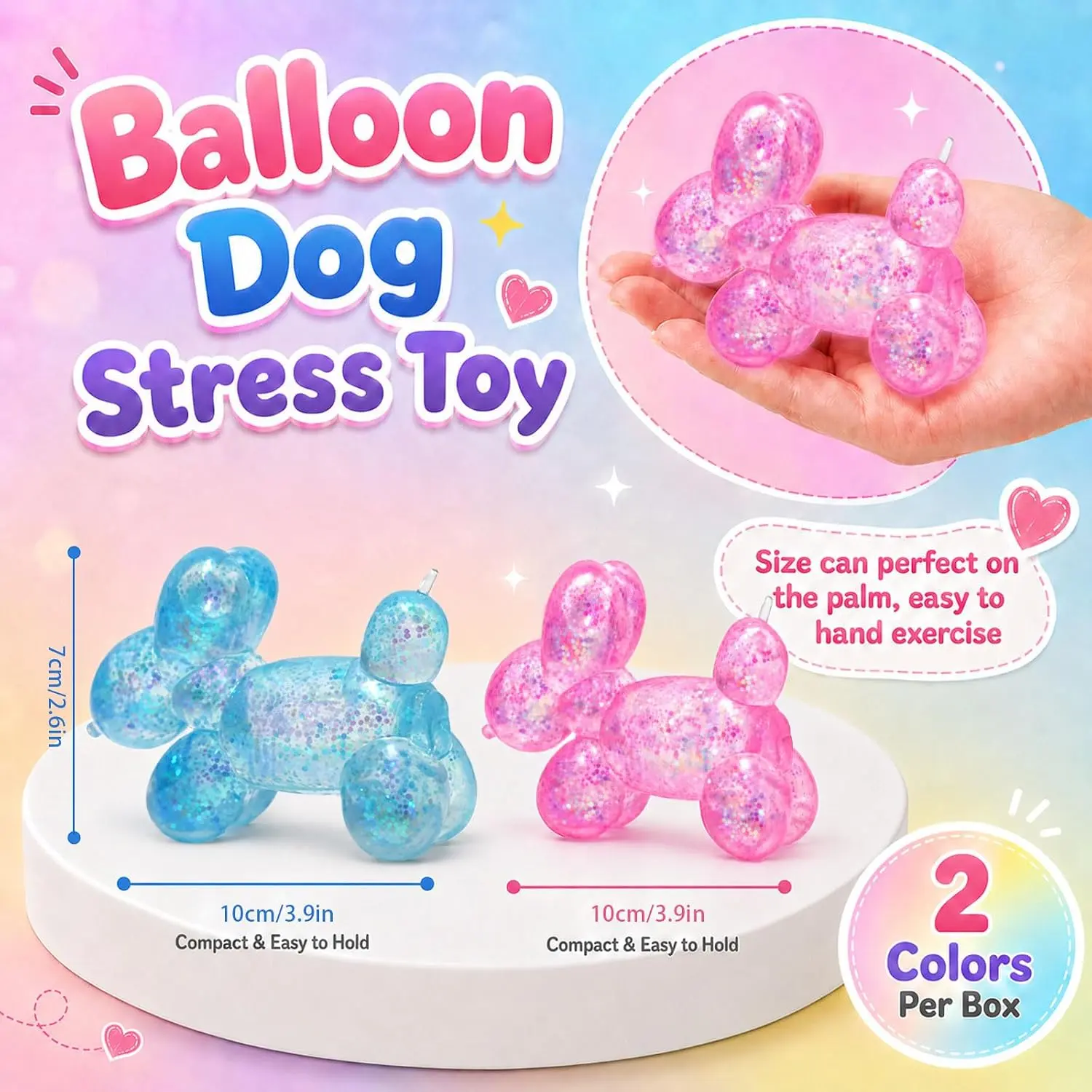 2Pcs Balloon-Shape TPR Slow Rise Soft Squishies, Glitter Stress Balls Decompression Squeeze Toy, Sensory Play Stress Relief Accessory for Kids (Blue+Pink) Classroom Prizes