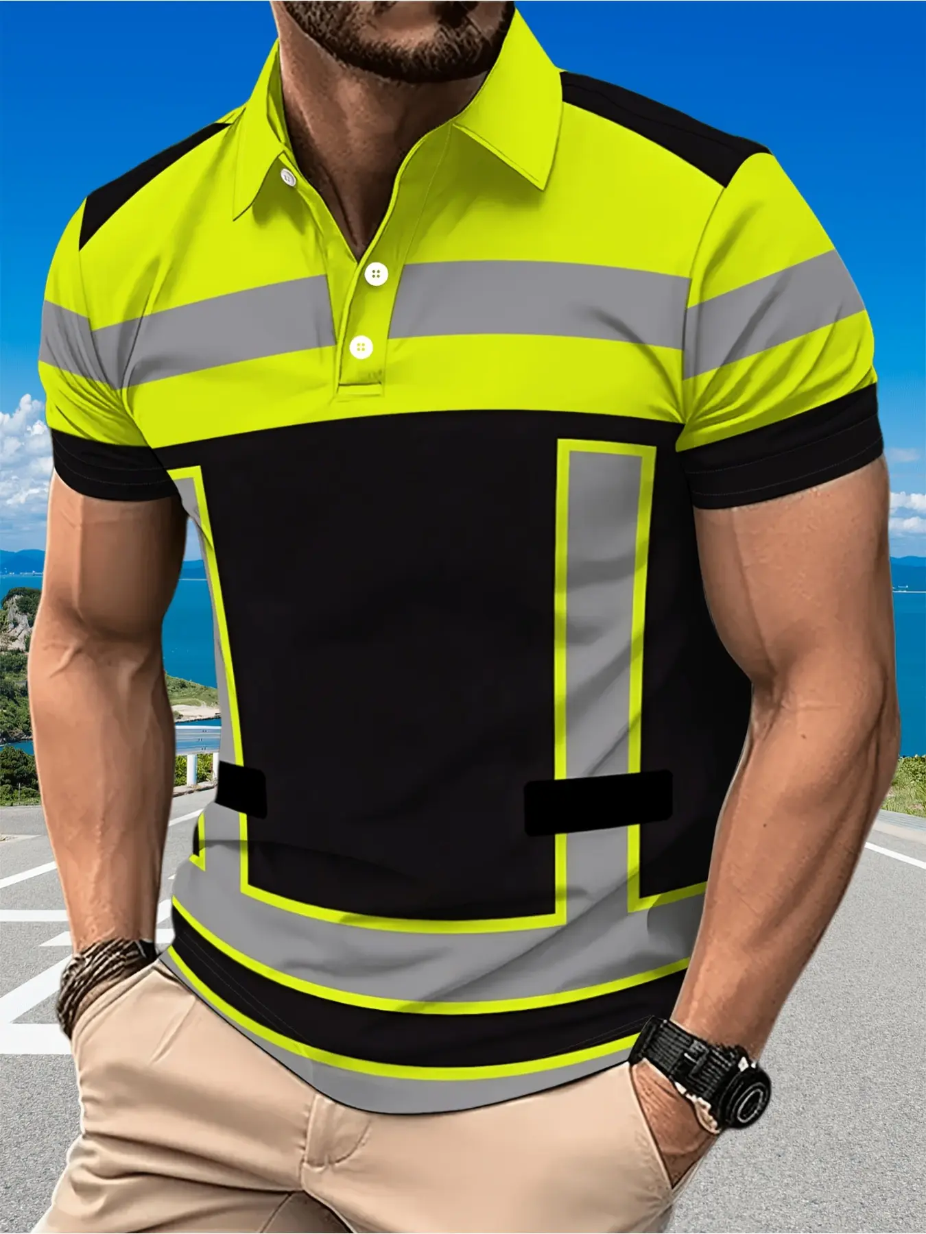 Men's short-sleeved summer polo shirt with casual digital print, featuring black and green stripes pattern, in a sporty style.