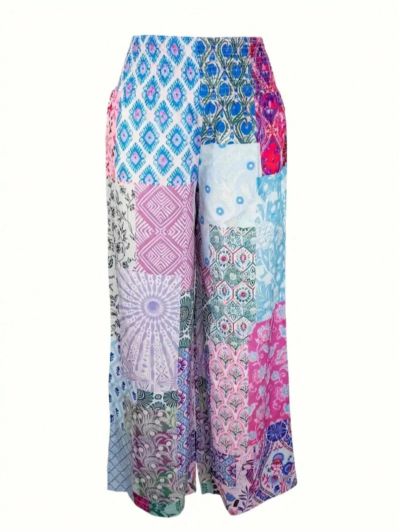 Plus Size Patchwork Print Plicated Shirred Wide Leg Pants, Casual Lounge Pants, Boho Casual High Waist Trousers, Casual Bohemian Trousers for Daily Vacation Holiday Wear, Women's Bottoms for All Seasons