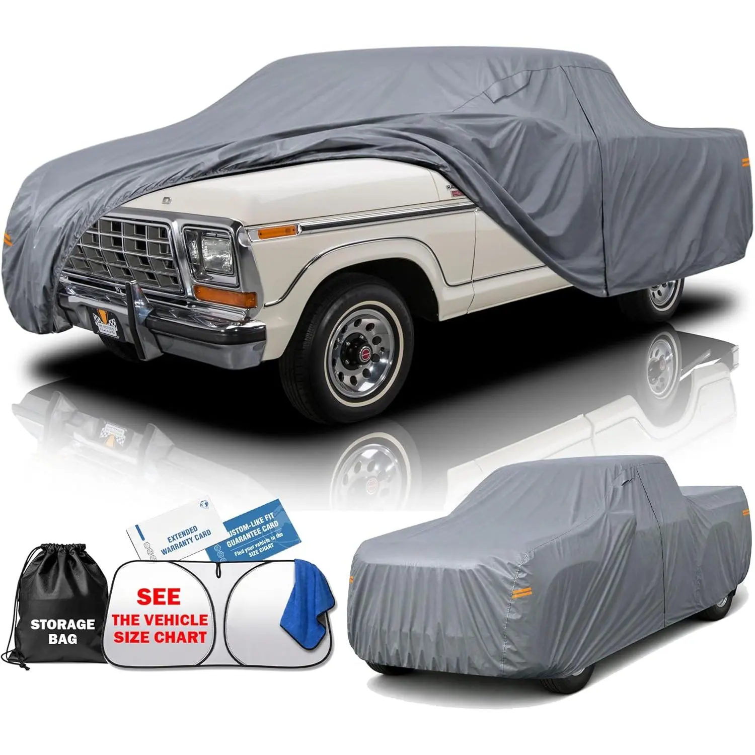 Waterproof All-Weather Outdoor Full Exterior Pickup Truck Cover Protector, Custom-Fit for Nissan Frontier, Ford F150, Chevy C10, GMC Canyon Sierra 1500, Colorado, Ram 1500 Pickup Trucks (Size T1, See Size Chart)