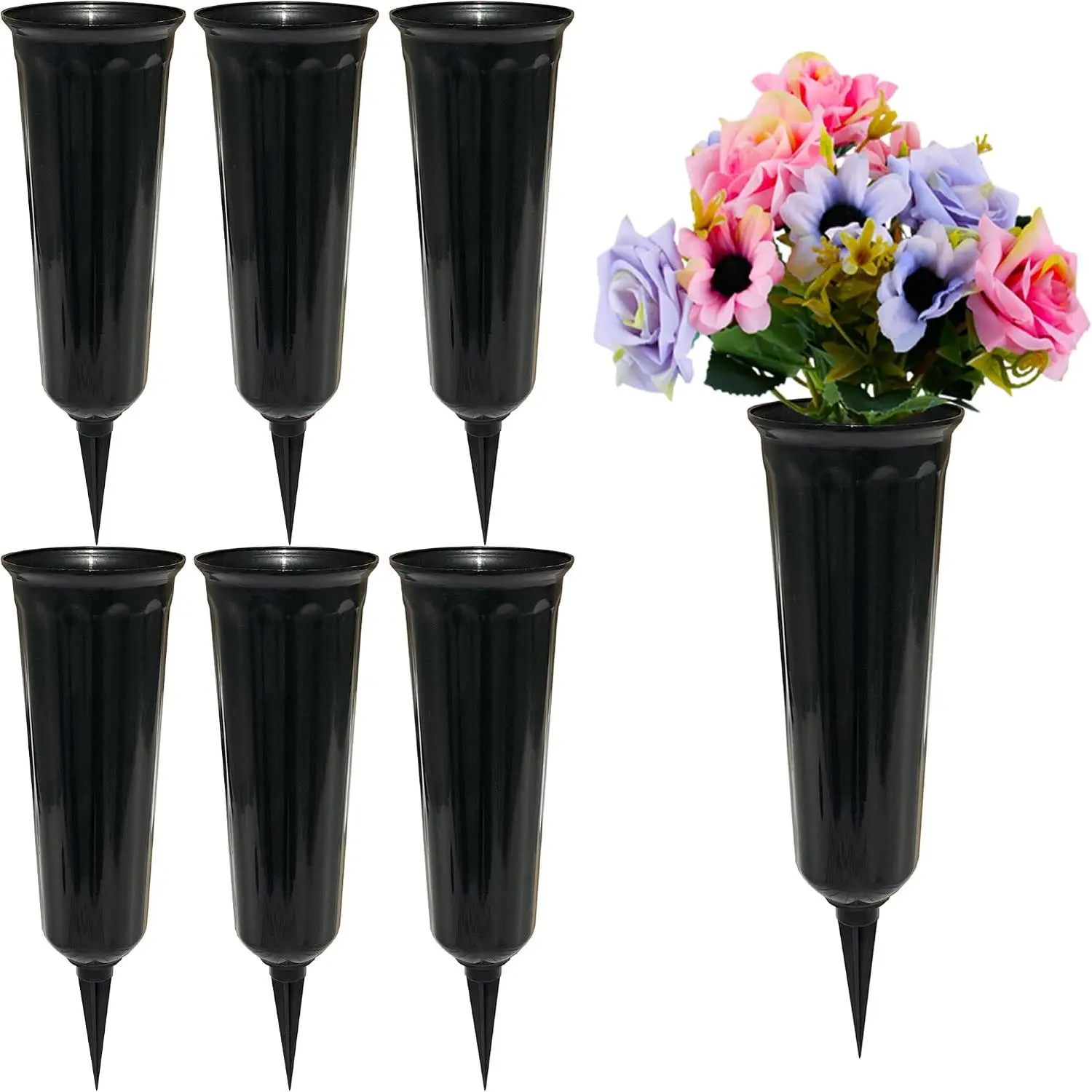 Memorial Floral Vases, Cemetery Vase, Headstones Flower Holder, Grave Cone Vase, Flower Pots for Outdoor , Decorative Plastic Containers (Set of 6, Black)