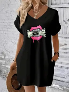 8060-I148x New Casual Plain V Neck Invisible Pocket Loose Short Sleeve Elegant Dress, Comfortable and Stylish Design for Daily Wear