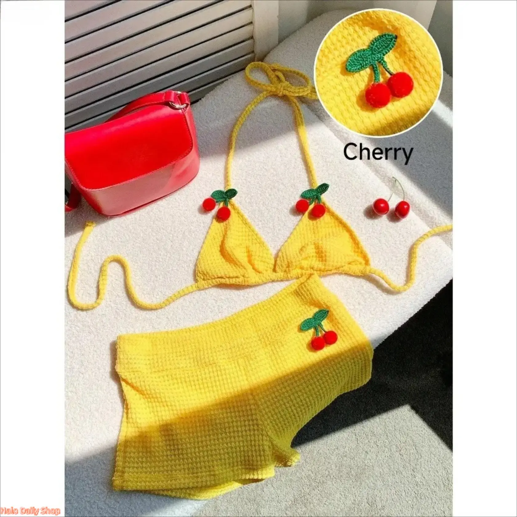 Women's 2-Piece Set, Cherry Print Crochet Knit Halter Top and Matching Shorts, Lightweight Sleeveless Summer Beach Cover Up