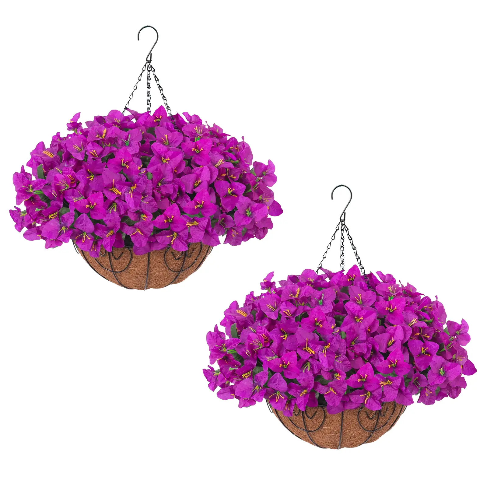 2 Pack Hanging Planters with Artificial Bougainvillea,Coconut Fiber Half-Round Baskets with Rust-Resistant Iron Frame