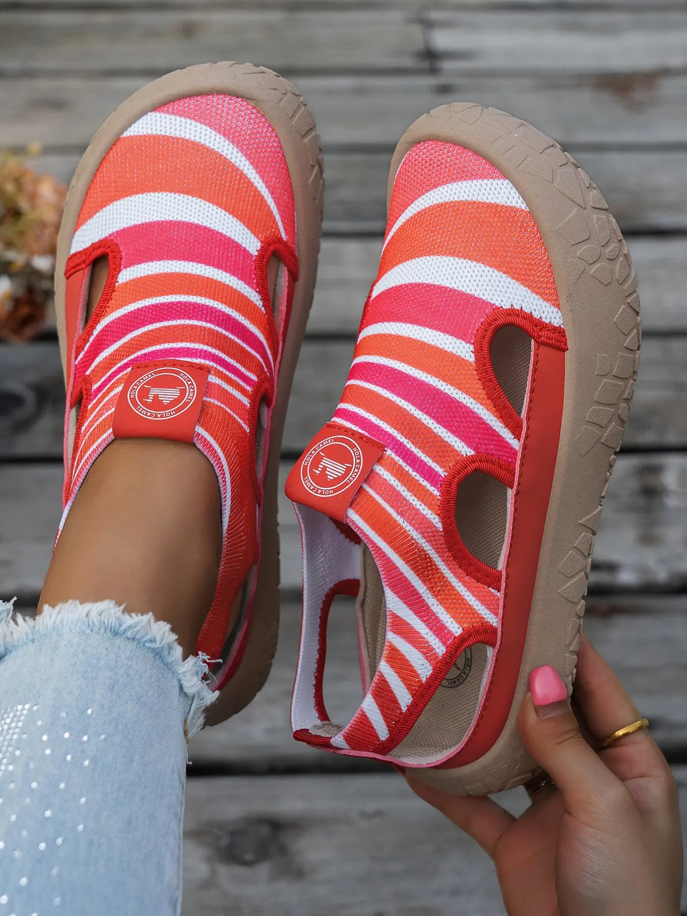 Women's Striped Hollow Out Sandals, Breathable Textile Upper, Wide Fit, Lightweight Anti-Slip Sole, Casual Summer Beach Shoes, Fashionable Footwear